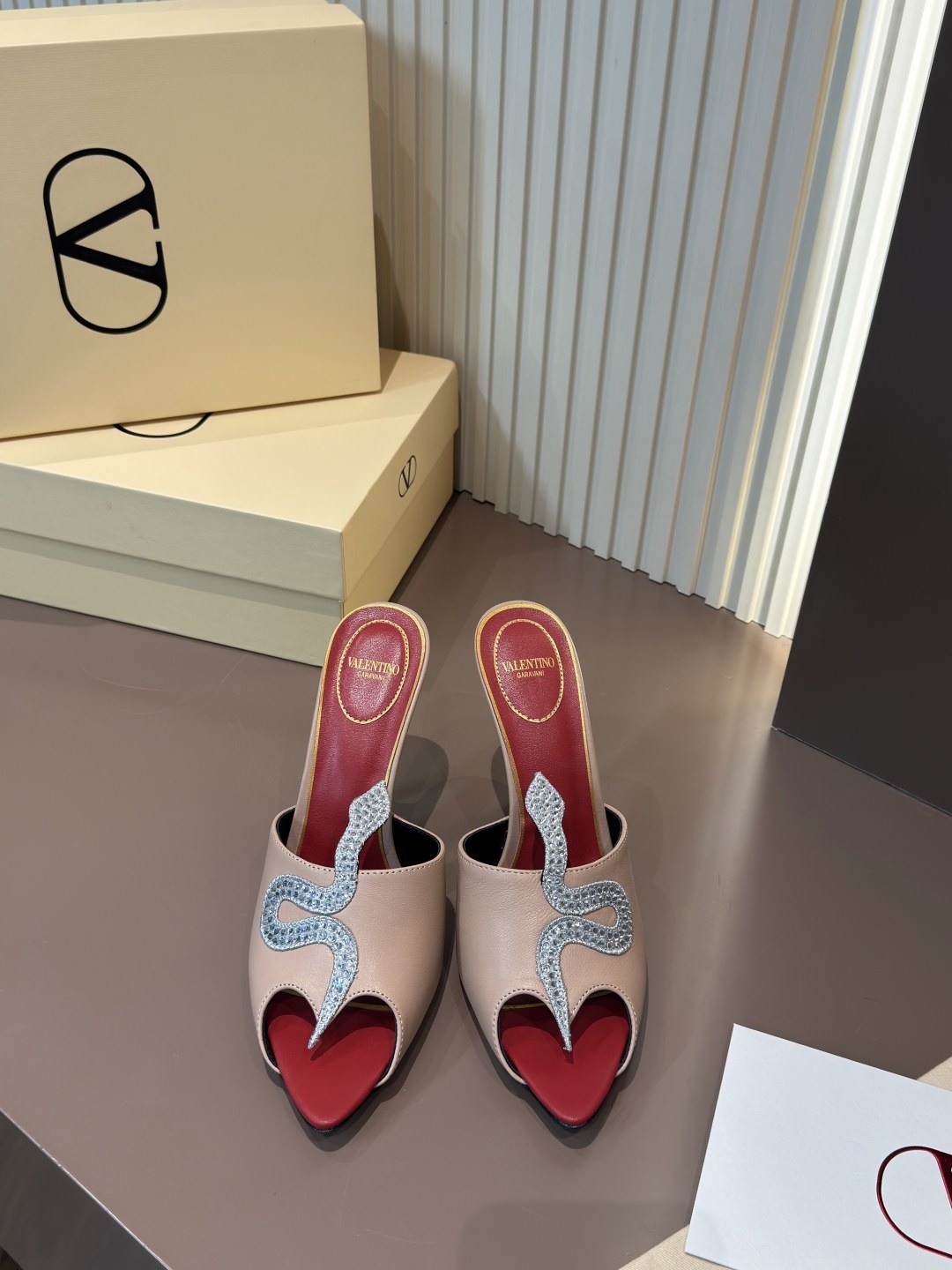 Valentino Mules Leather Pointed Toe Crystal Snake High Heel