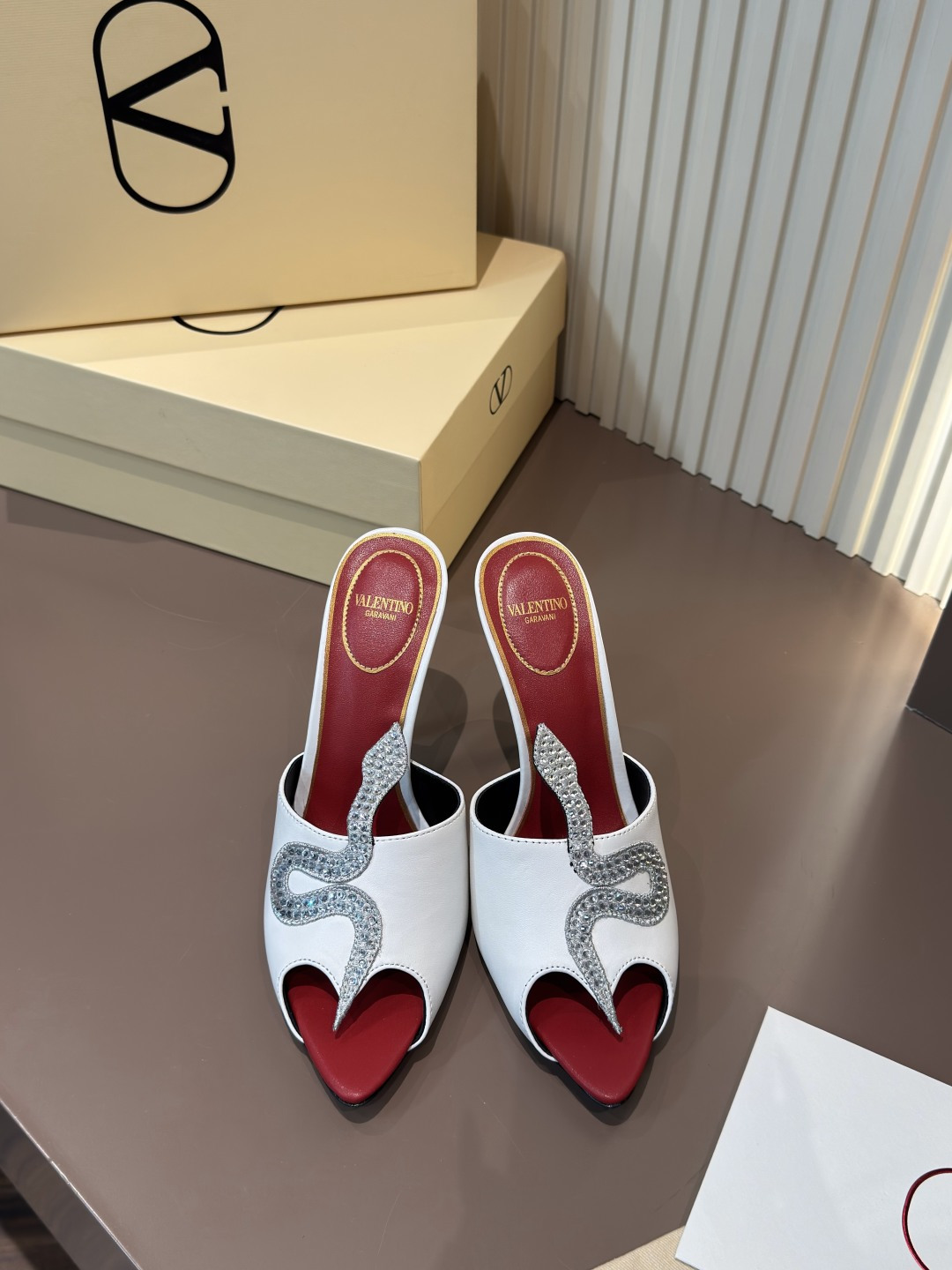 Valentino Mules White Leather Pointed Toe Open Toe Crystal Embellished High Heel