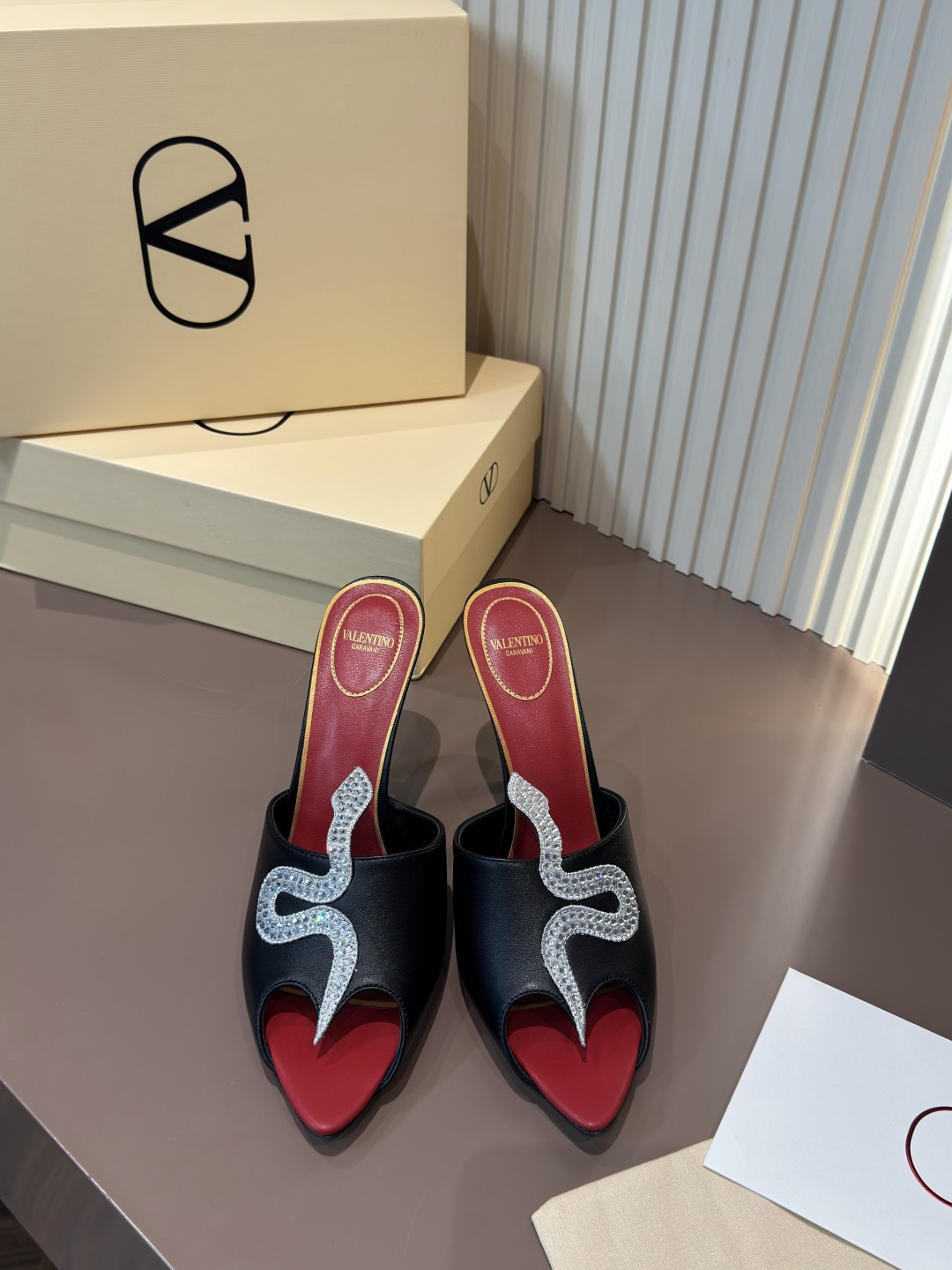 Valentino Mules Leather Pointed Toe Crystal Embellished Black