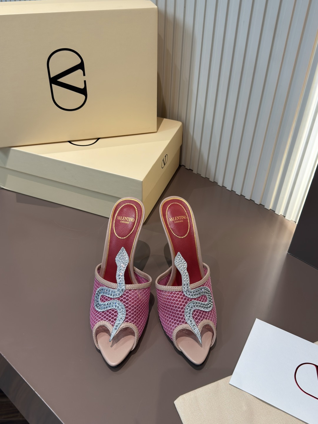 Valentino Mules Pointed Toe Open Toe Crystal Embellished Pink High Heel