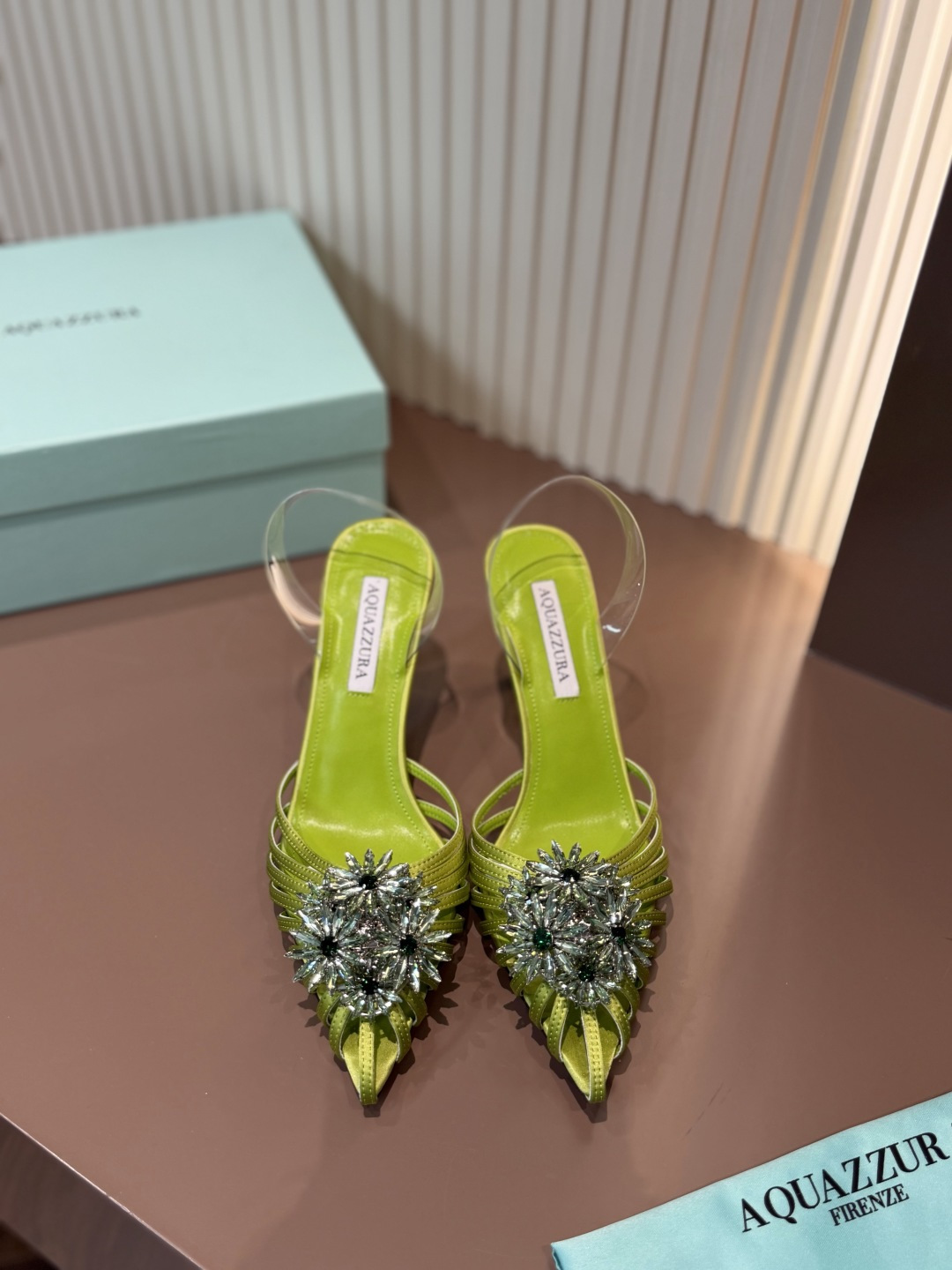 Aquazzura Pointed Toe Rhinestone Silk High Heels