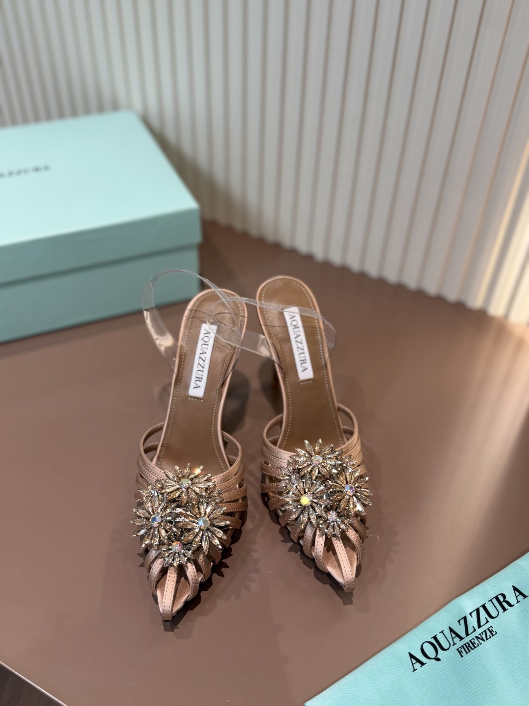 Aquazzura Crystal Flower Pointed Toe Stiletto Silk Sandals
