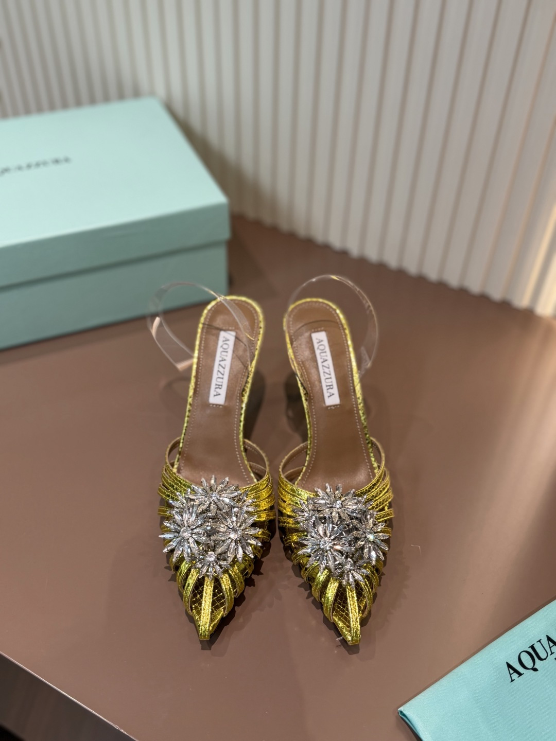 Aquazzura Pointed Toe High Heels Crystal Silk Leather