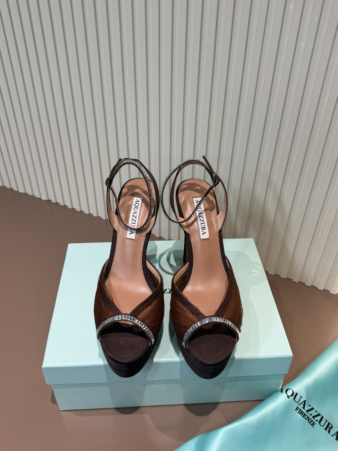 AQUAZZURA 高跟鞋 网纱 水钻 露趾 棕色
