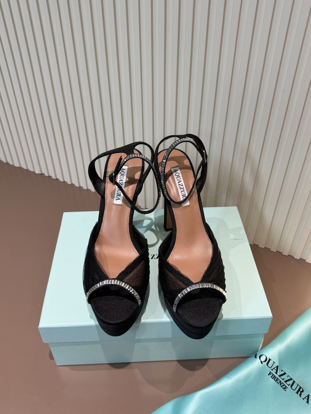 AQUAZZURA 黑色网纱水钻露趾高跟鞋