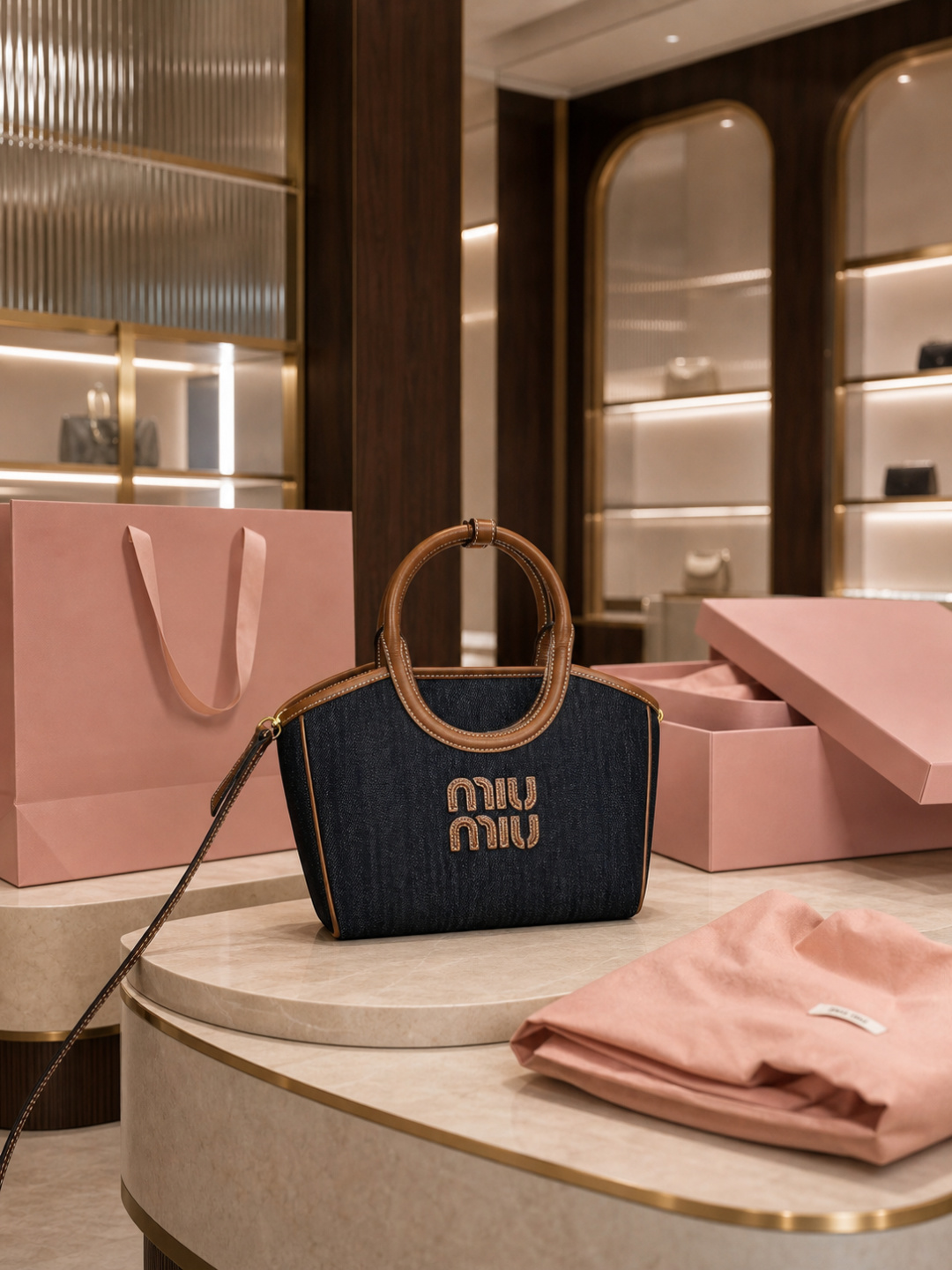 Miu Miu Denim Logo Tote Bag