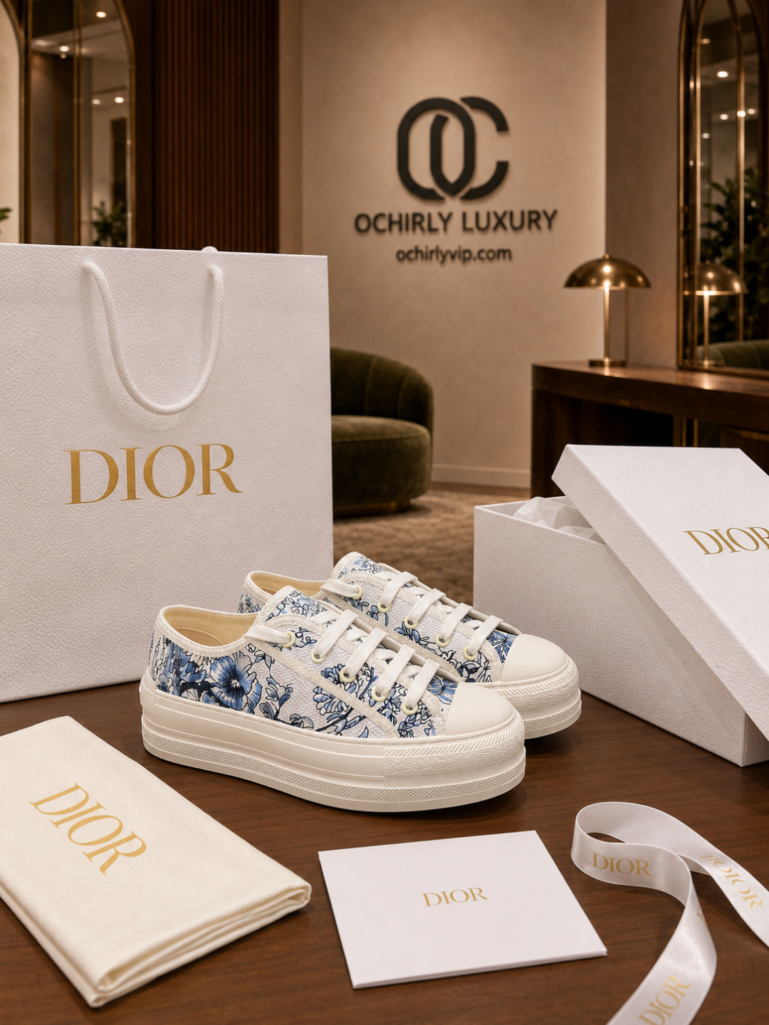 Dior Blue Floral Platform Sneakers