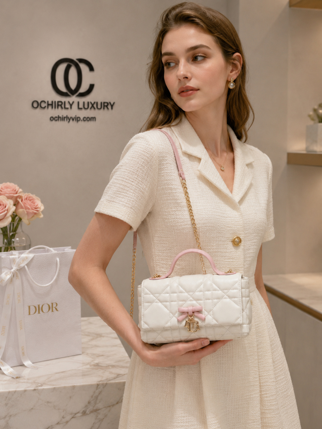Dior White Quilted Mini Top-Handle Bag