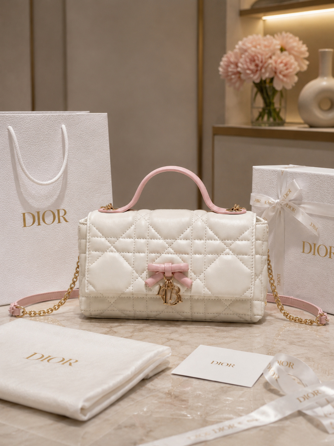 Dior White Quilted Mini Top-Handle Bag