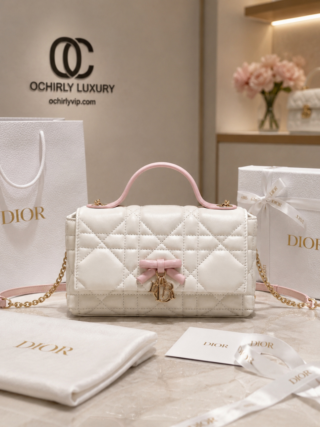 Dior White Quilted Mini Top-Handle Bag