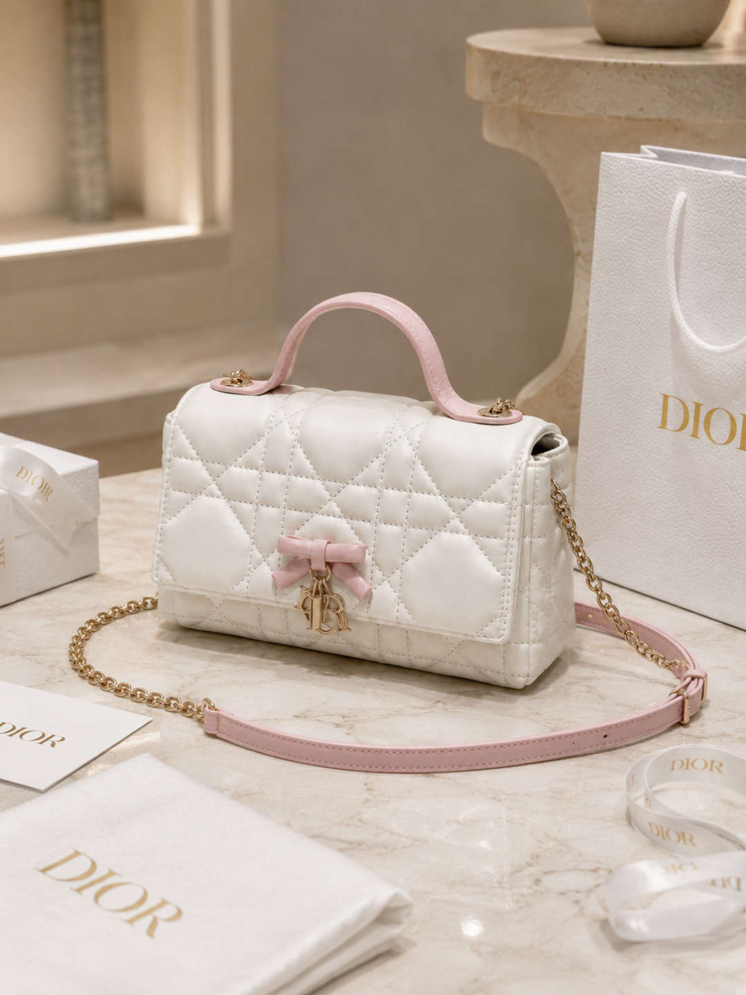 Dior White Quilted Mini Top-Handle Bag