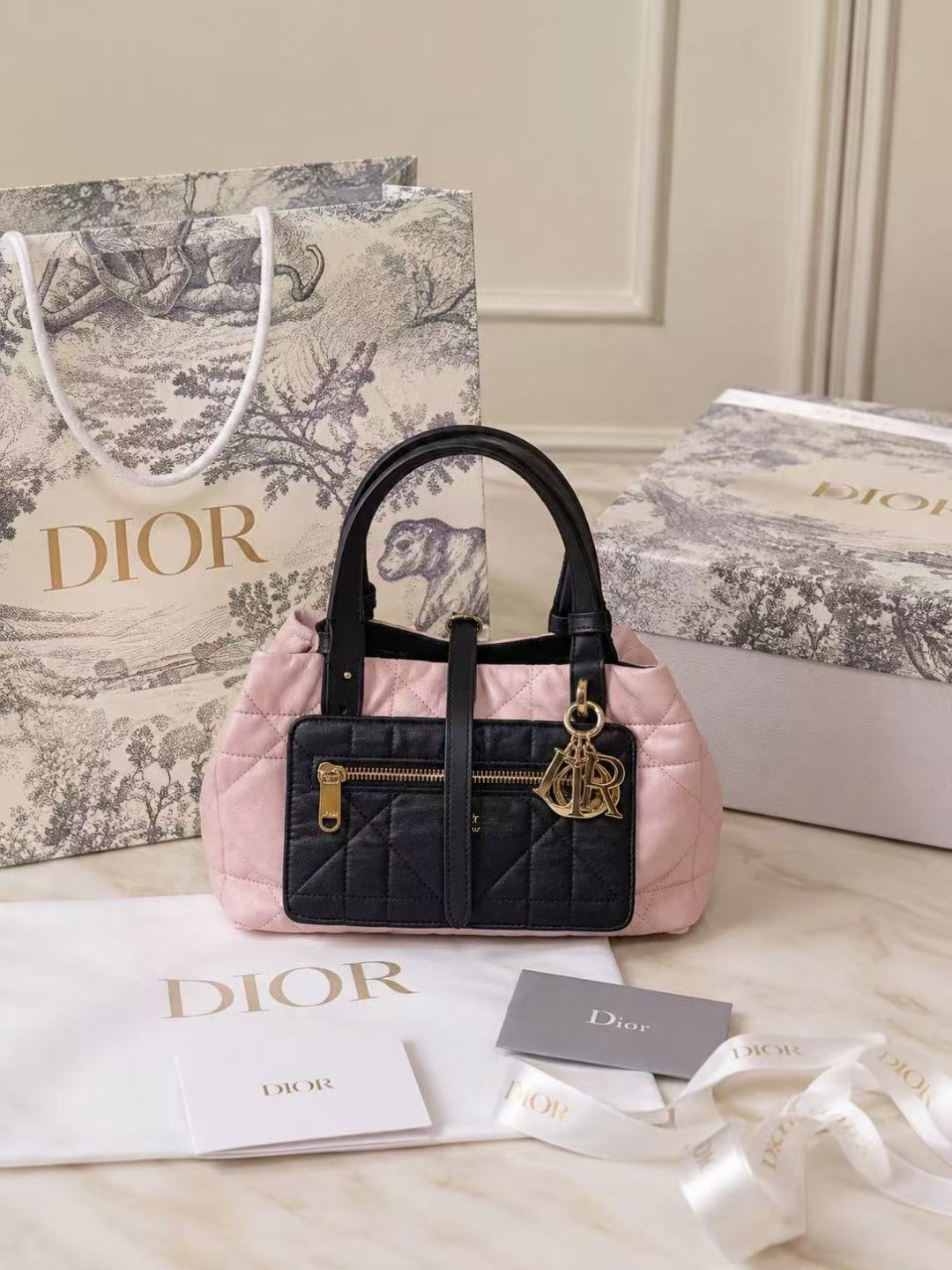 Dior Pink and Black Quilted Handbag