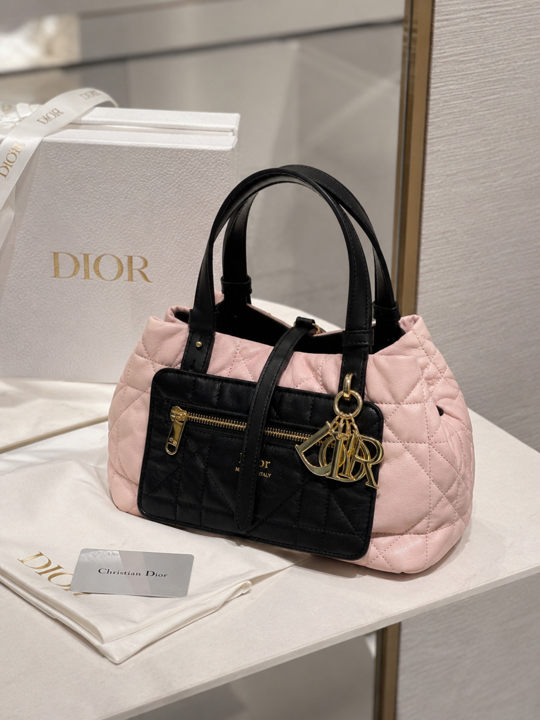 Dior Pink and Black Quilted Handbag