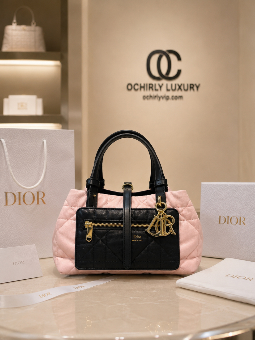 Dior Pink and Black Quilted Handbag