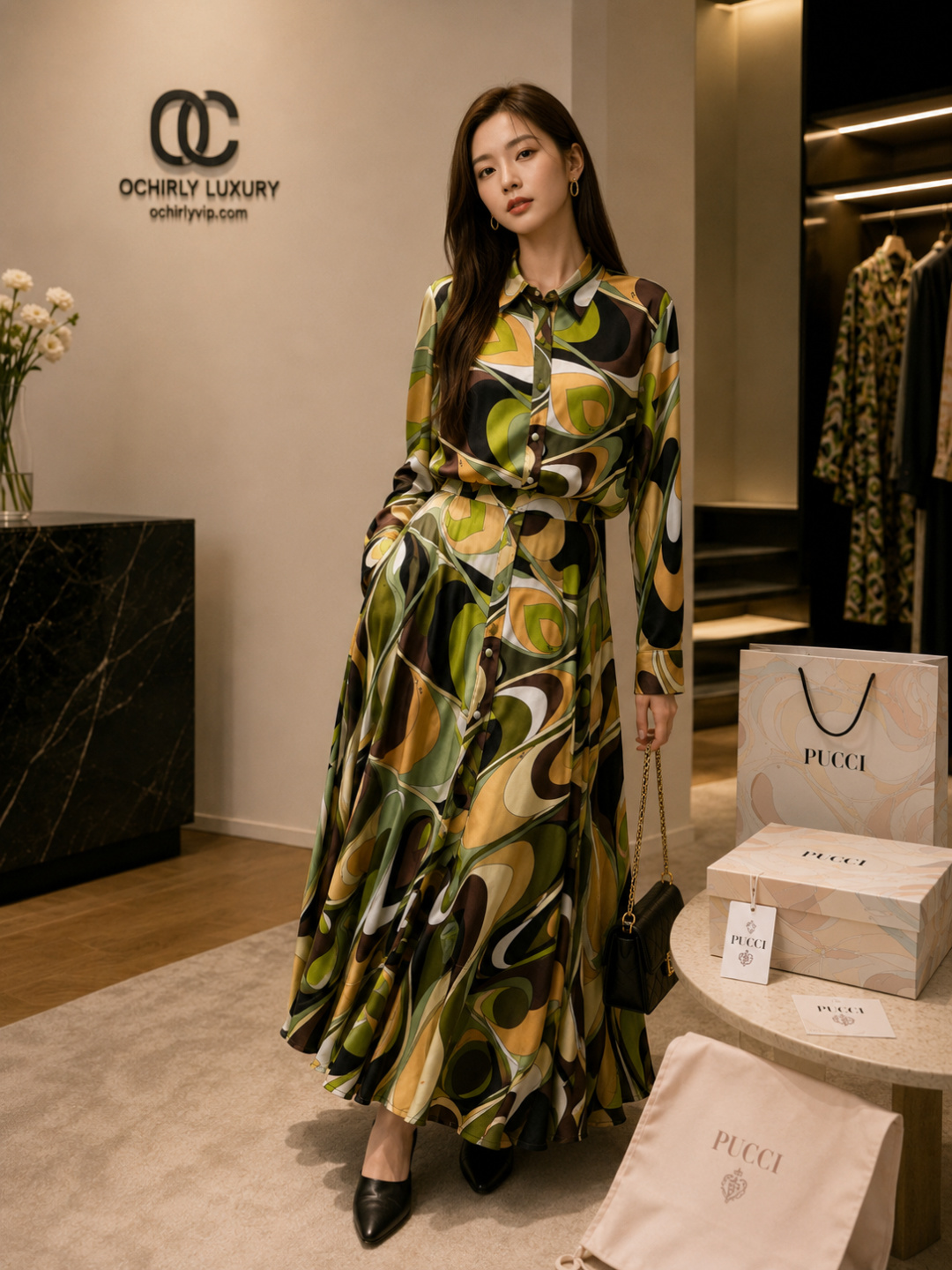 Pucci Green Printed Maxi Shirt Dress