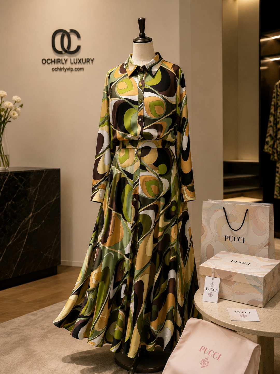 Pucci Green Printed Maxi Shirt Dress