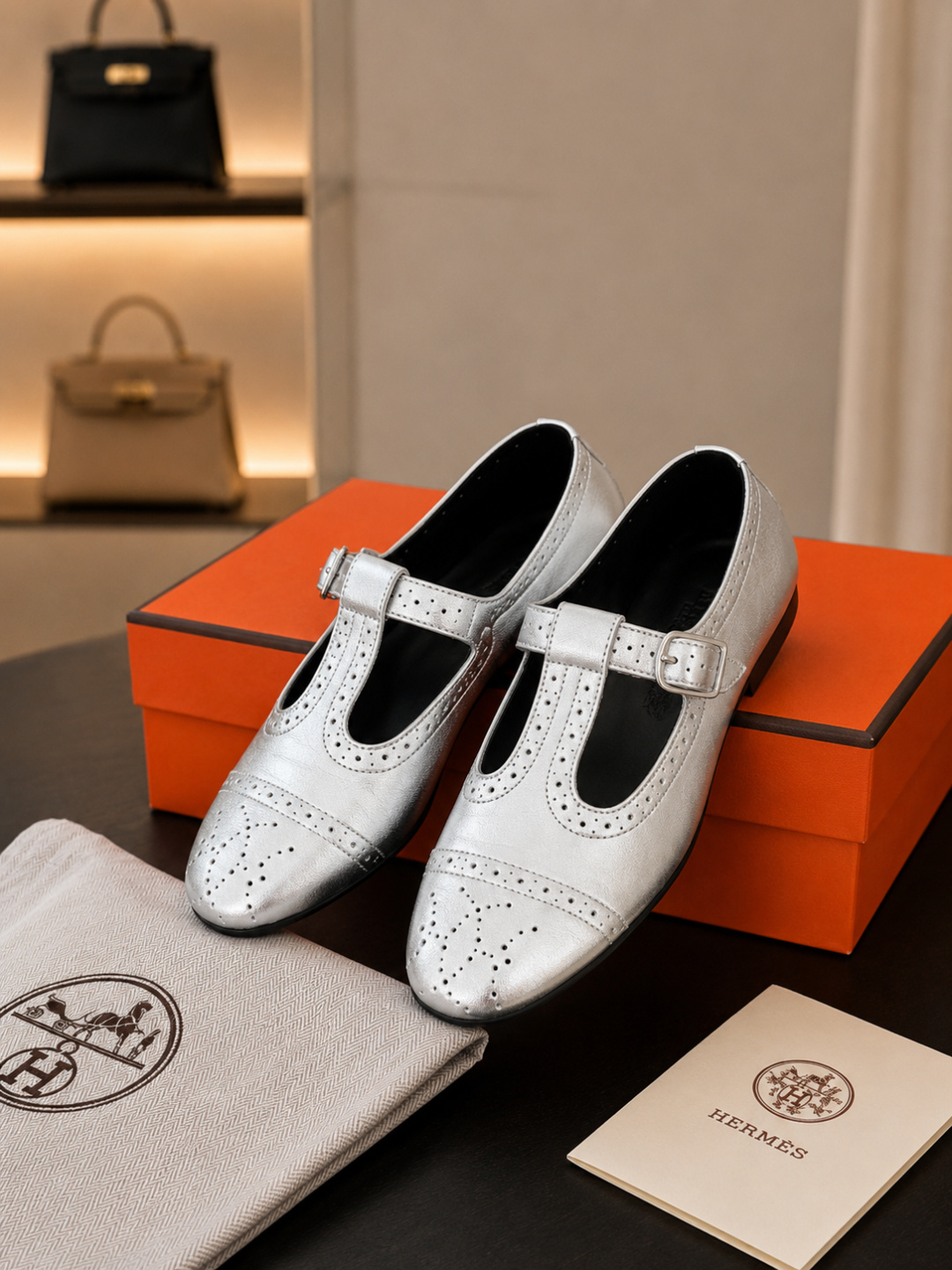 T-Strap Brogue Mary Jane Flat in Metallic Silver