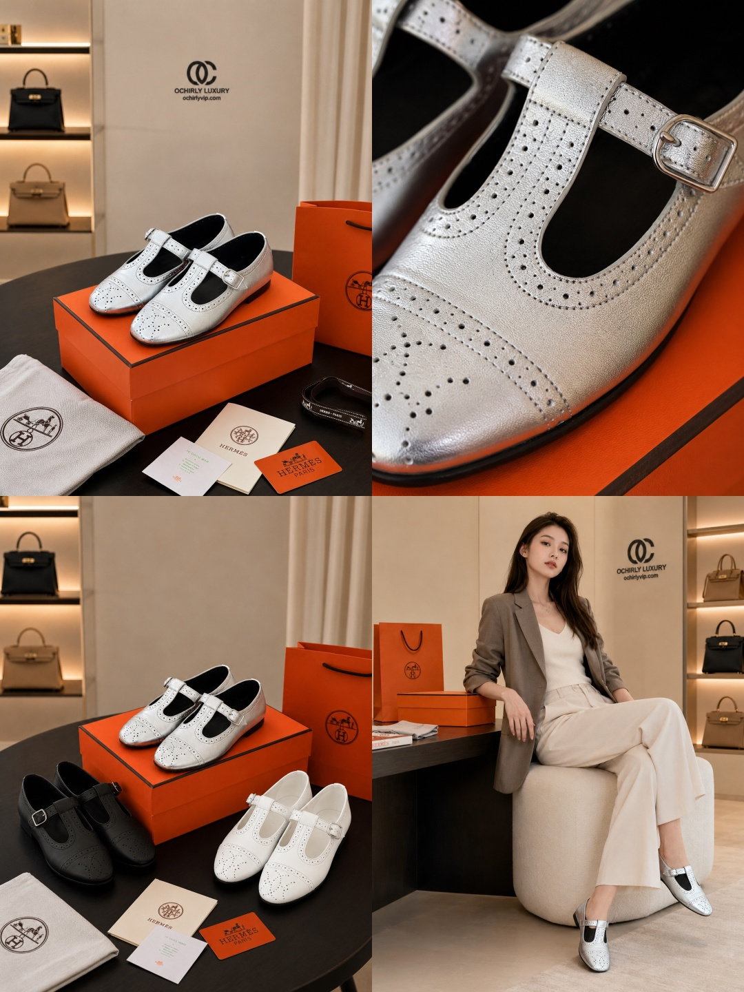 T-Strap Brogue Mary Jane Flat in Metallic Silver