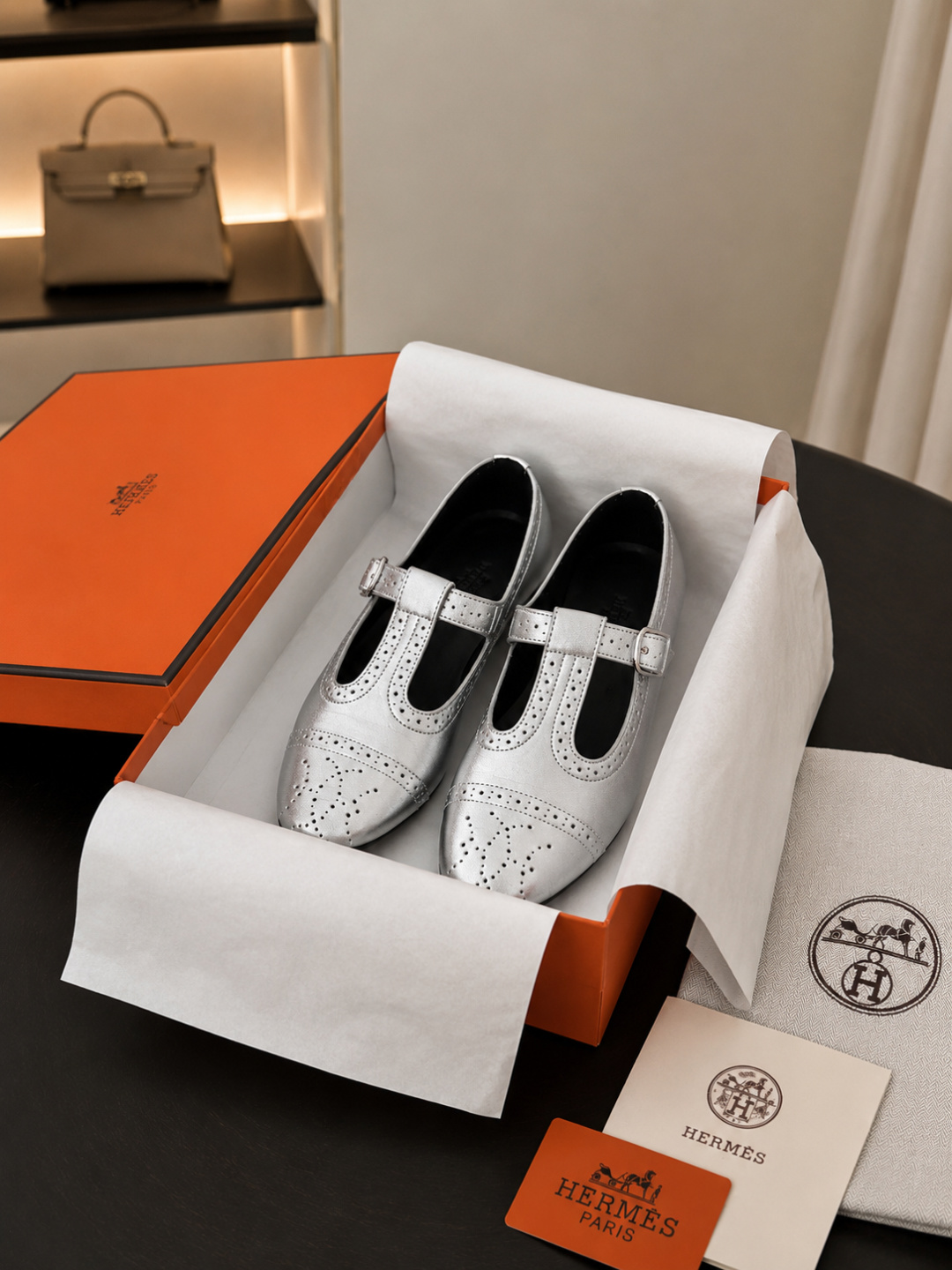 T-Strap Brogue Mary Jane Flat in Metallic Silver