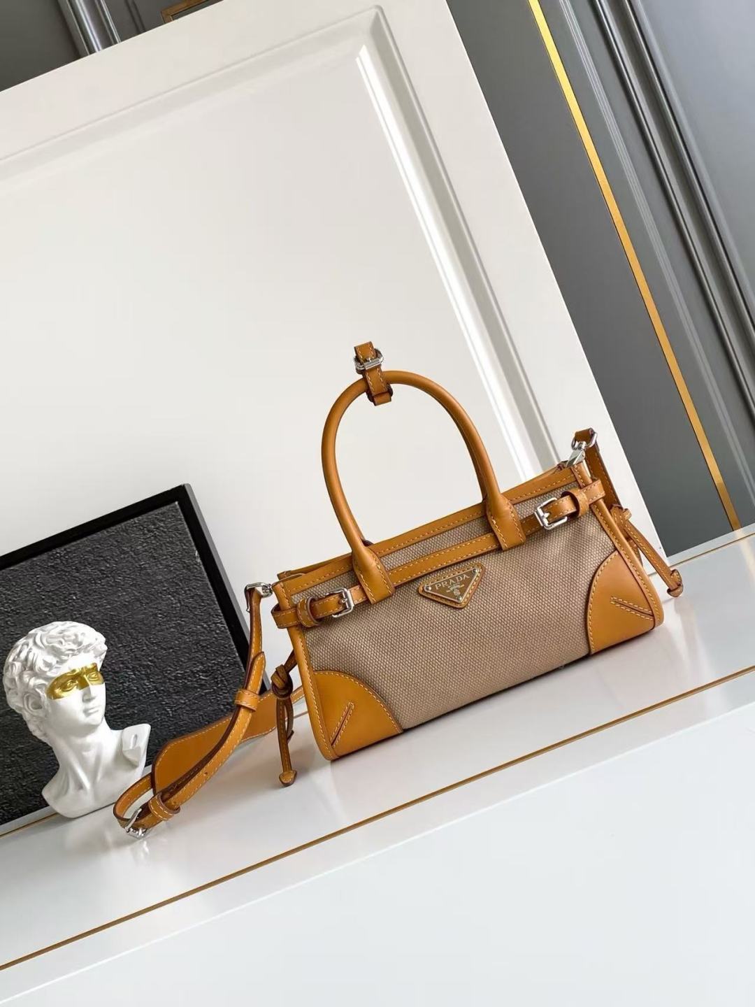 Prada Linen & Calfskin East-West Handbag