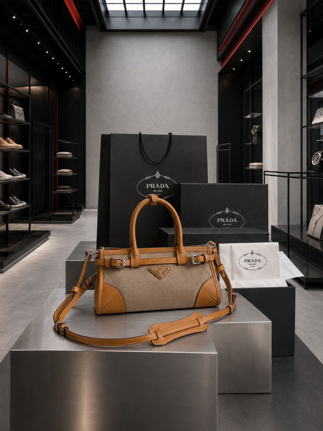 Prada Linen & Calfskin East-West Handbag