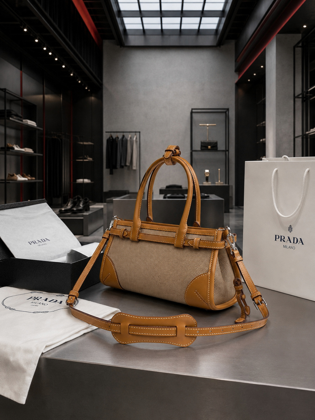 Prada Linen & Calfskin East-West Handbag
