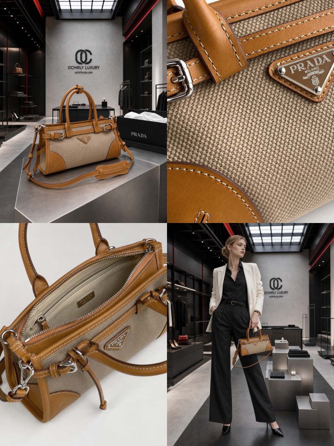 Prada Linen & Calfskin East-West Handbag
