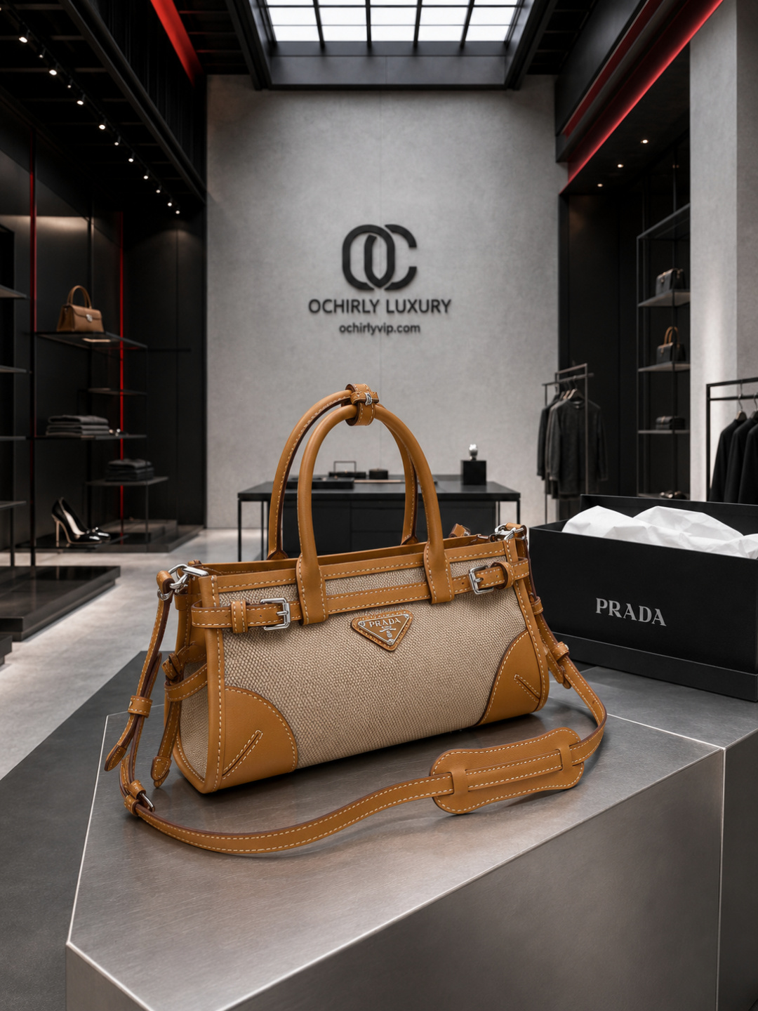 Prada Linen & Calfskin East-West Handbag