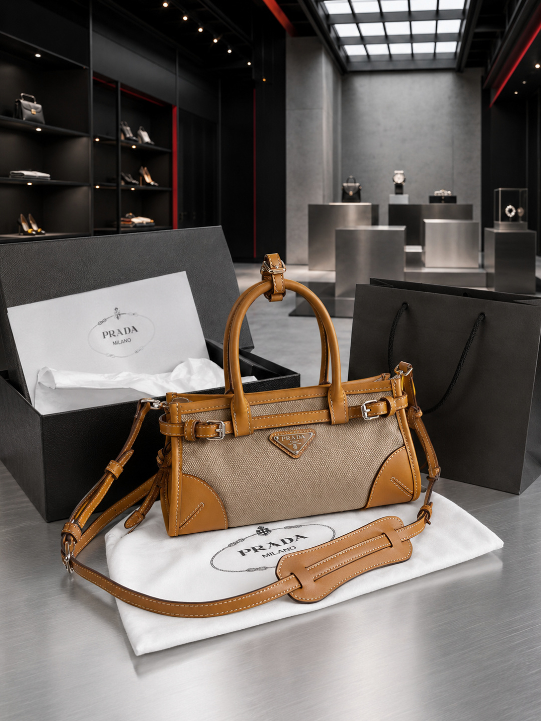 Prada Linen & Calfskin East-West Handbag