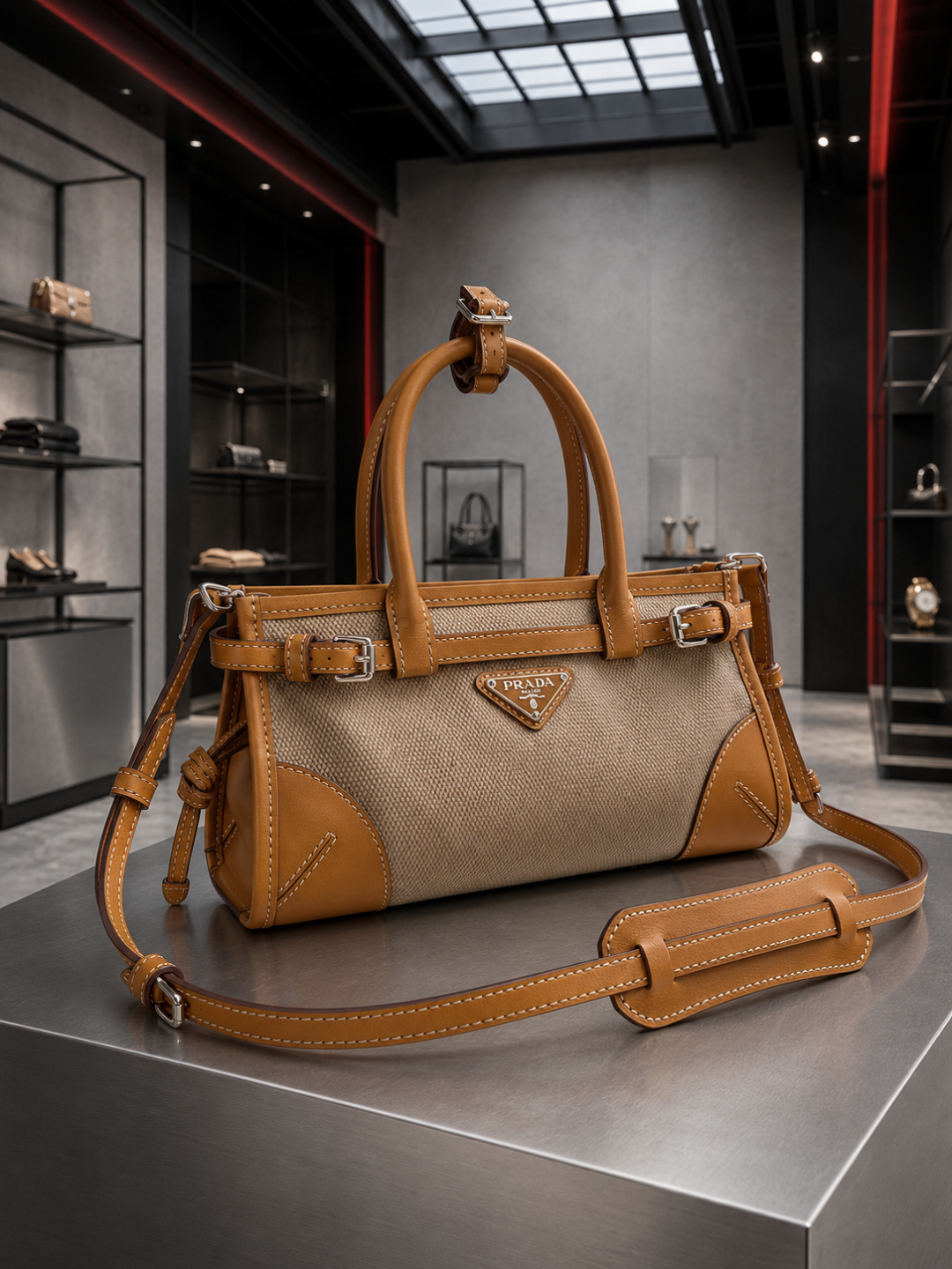 Prada Linen & Calfskin East-West Handbag