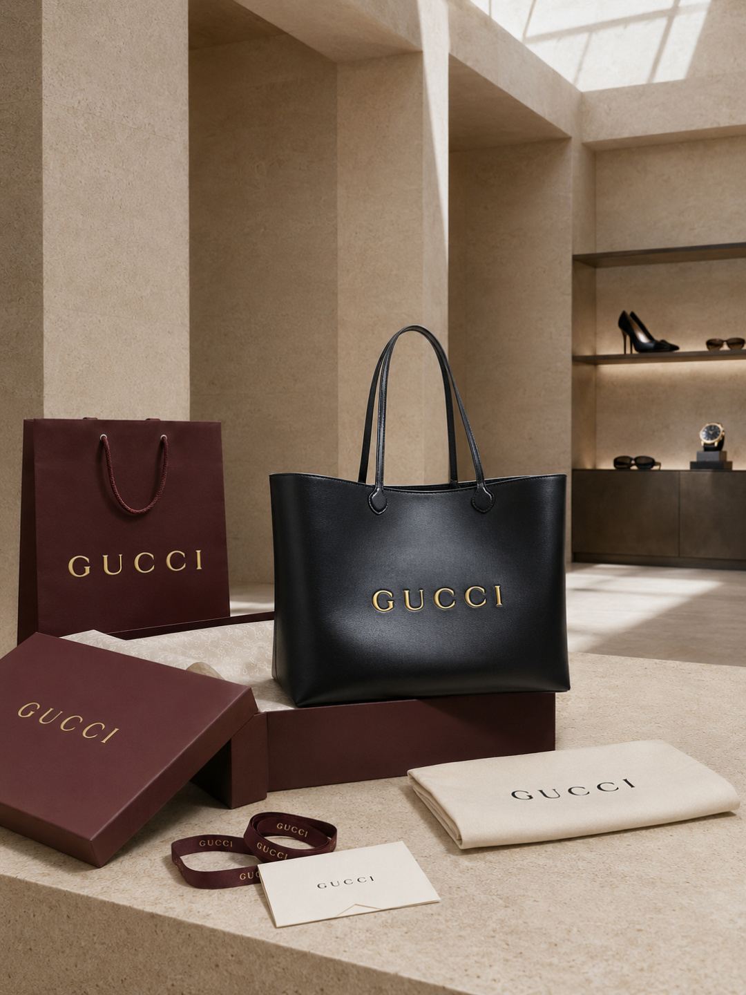 Gucci Large Black Leather Tote Bag