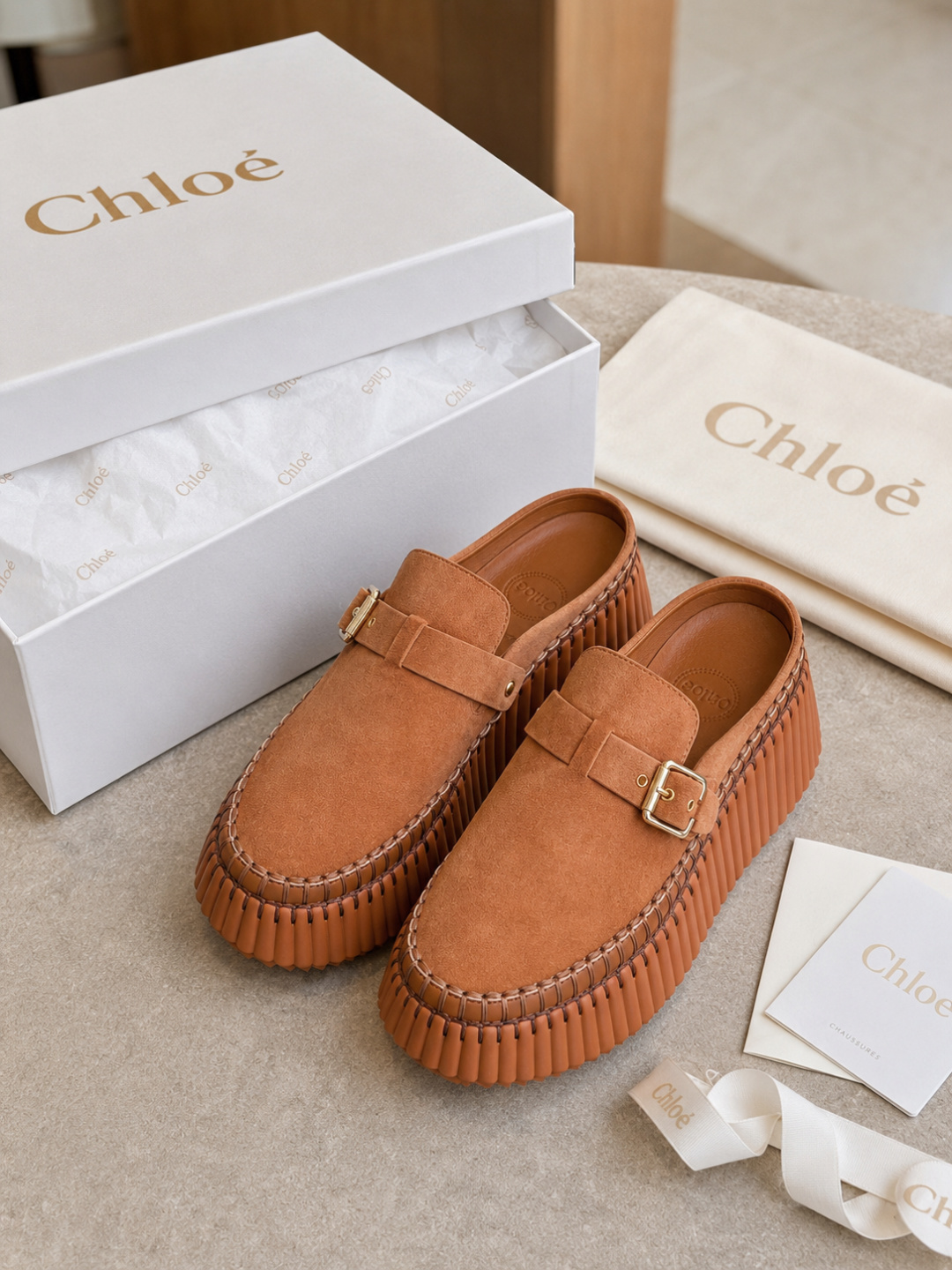 Chloé Buckle Suede Platform Loafers – Brown
