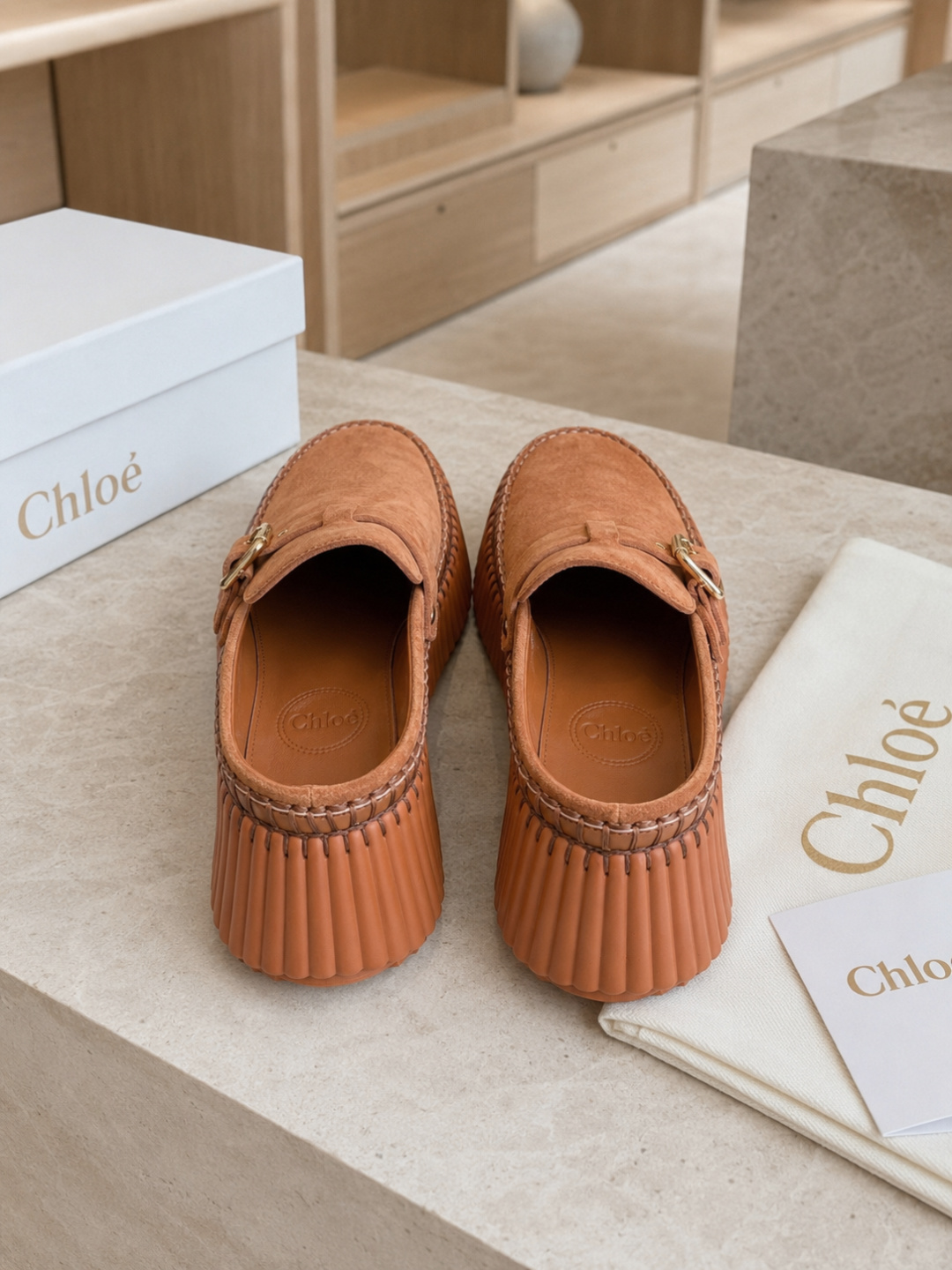 Chloé Buckle Suede Platform Loafers – Brown