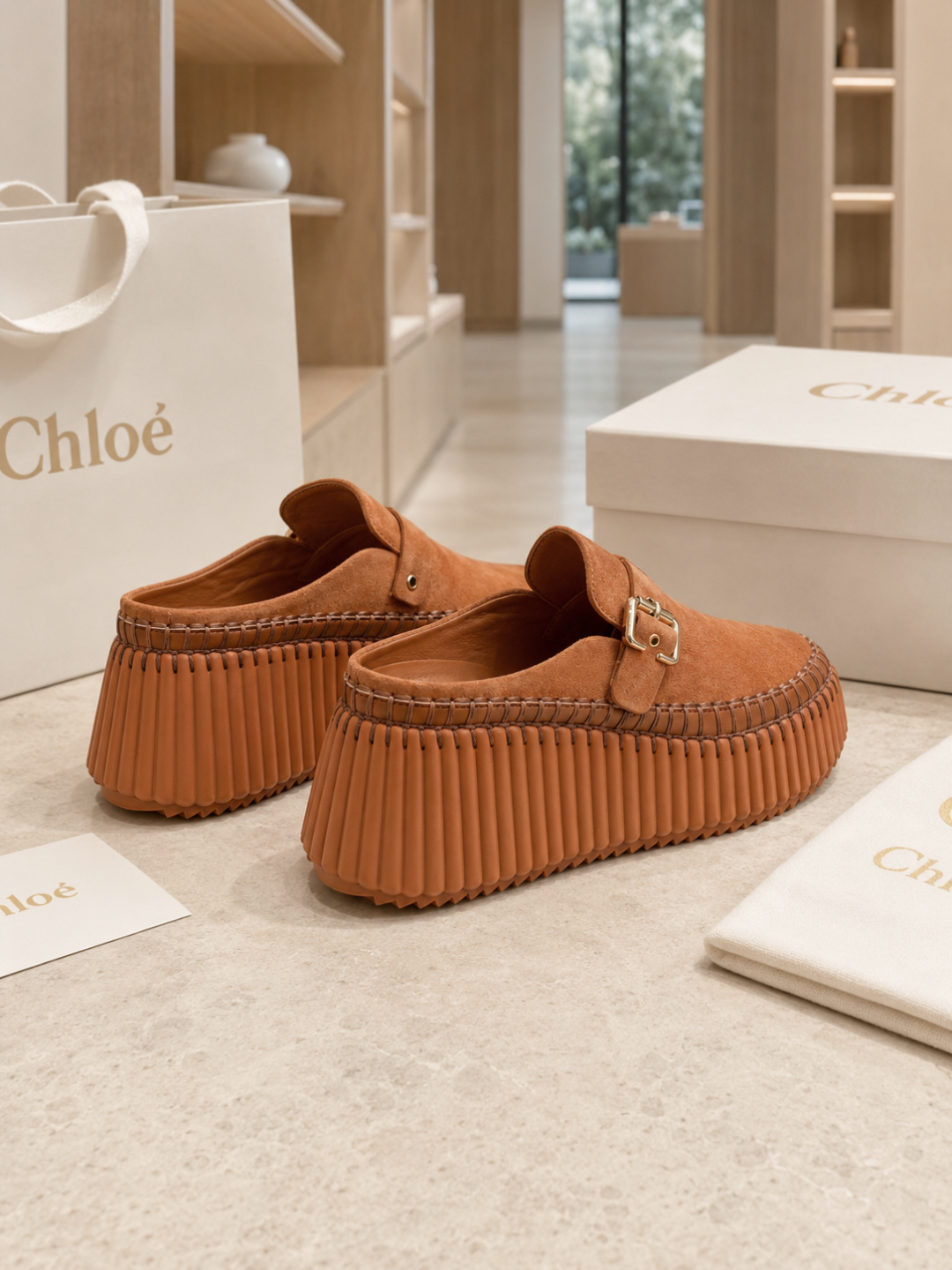 Chloé Buckle Suede Platform Loafers – Brown