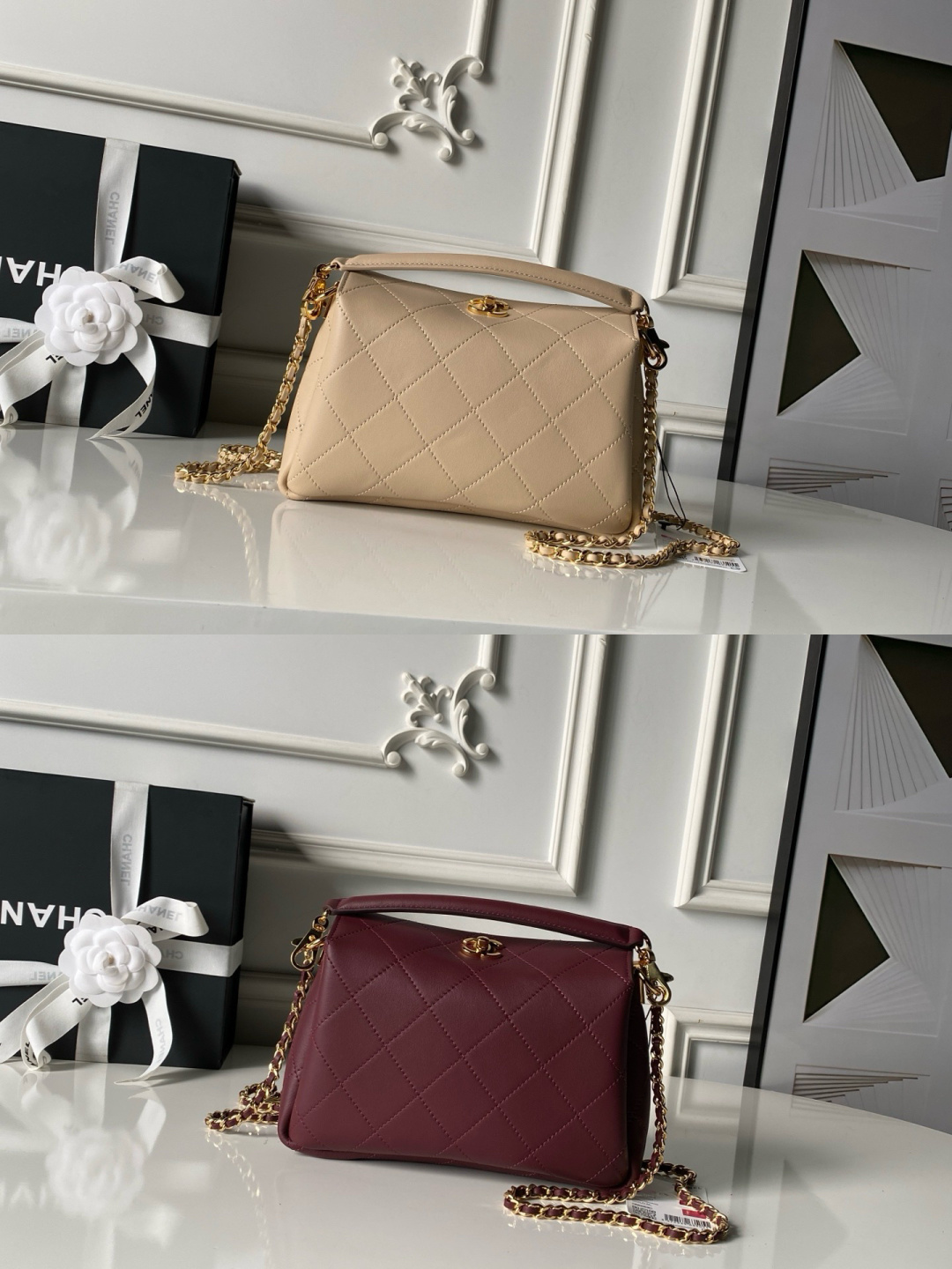 CHANEL Quilted Leather Top Handle Chain Crossbody