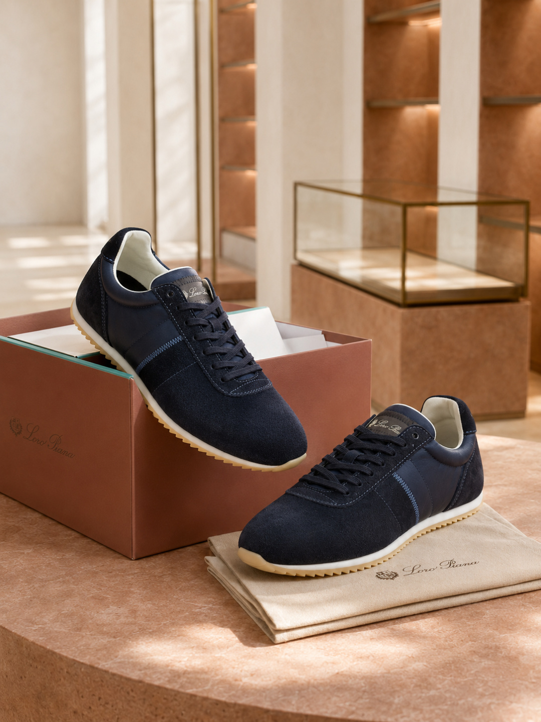 Loro Piana Navy Suede Low-Top Sneakers