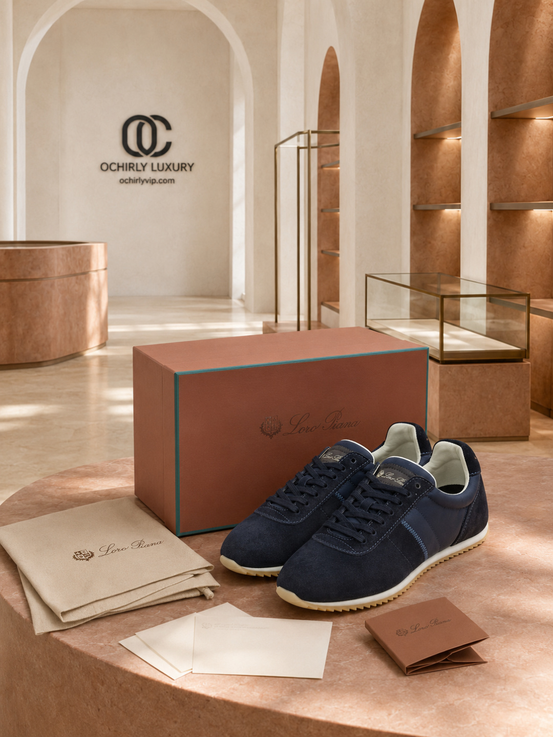 Loro Piana Navy Suede Low-Top Sneakers