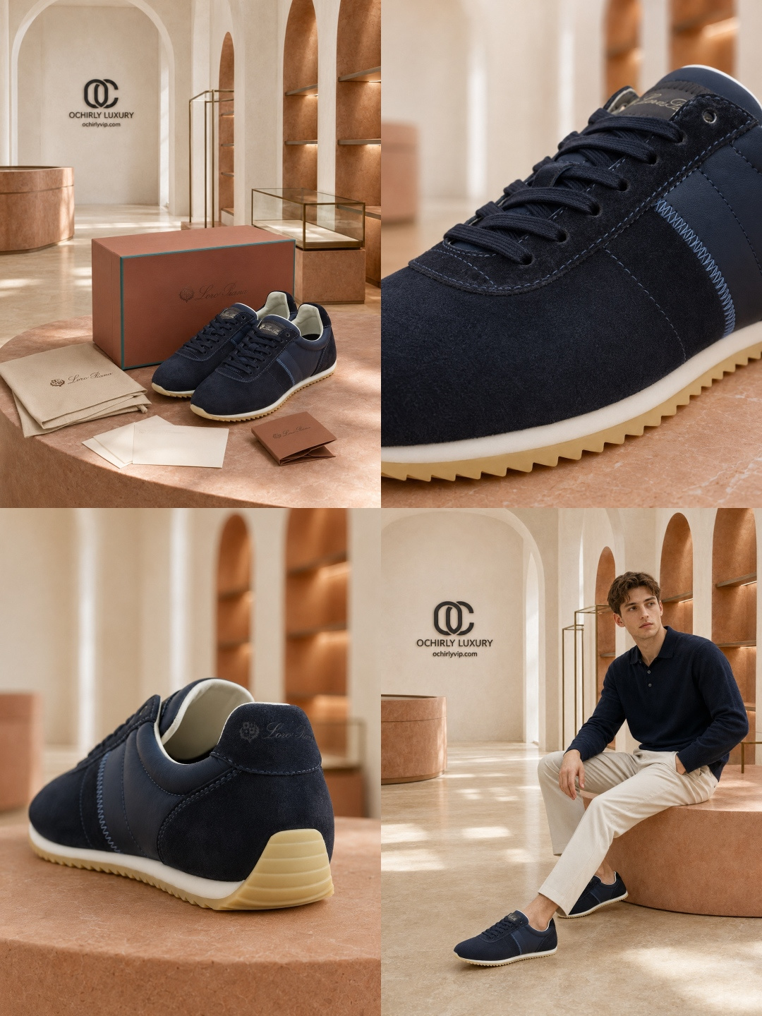 Loro Piana Navy Suede Low-Top Sneakers