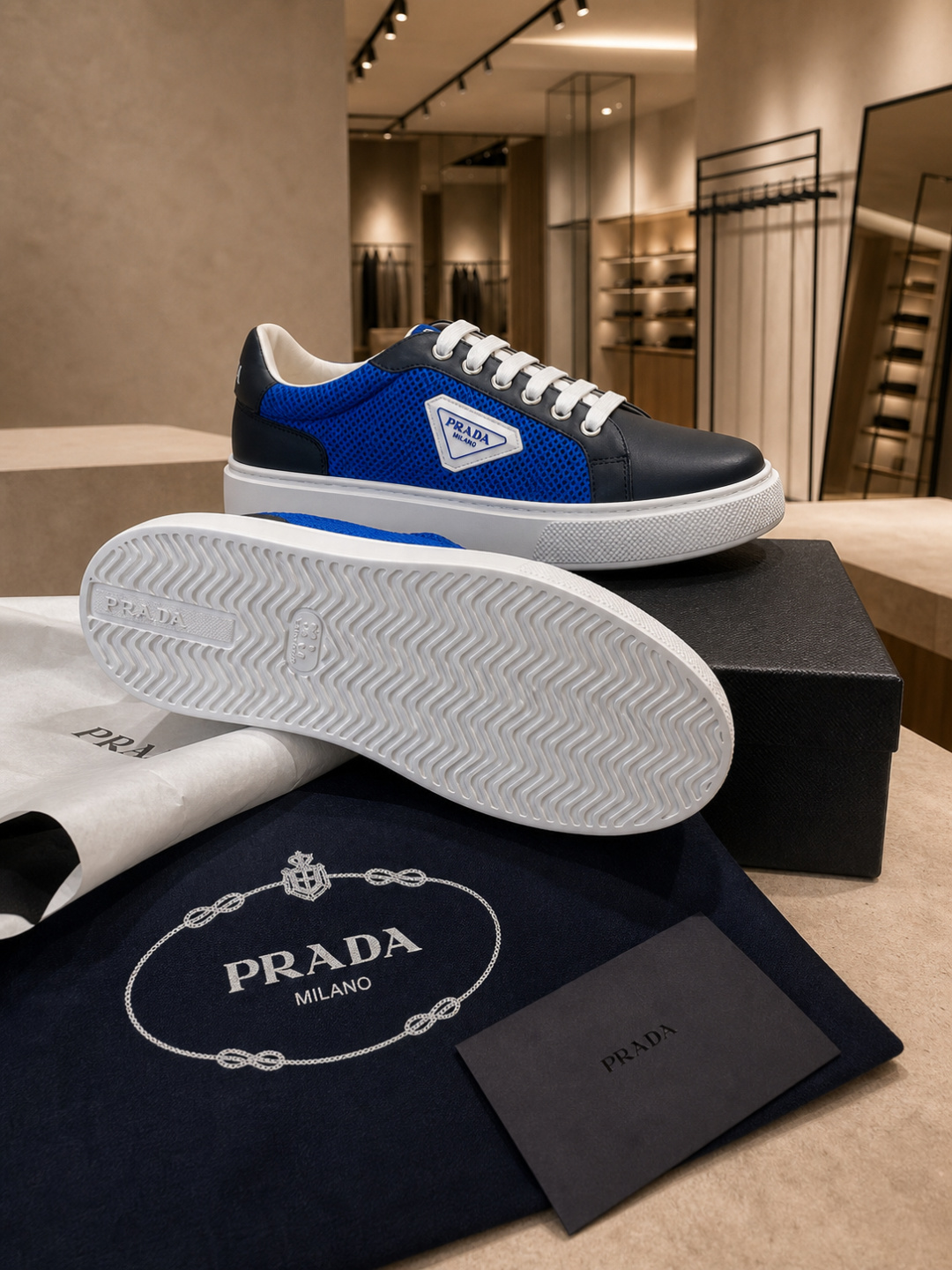 Prada Milano Blue Mesh Leather Low-To Sneakers
