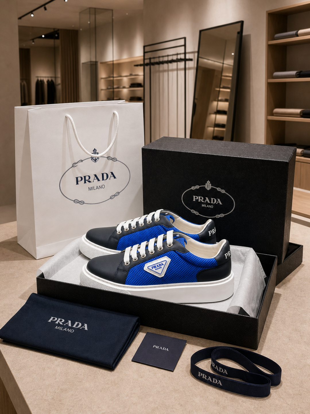 Prada Milano Blue Mesh Leather Low-To Sneakers