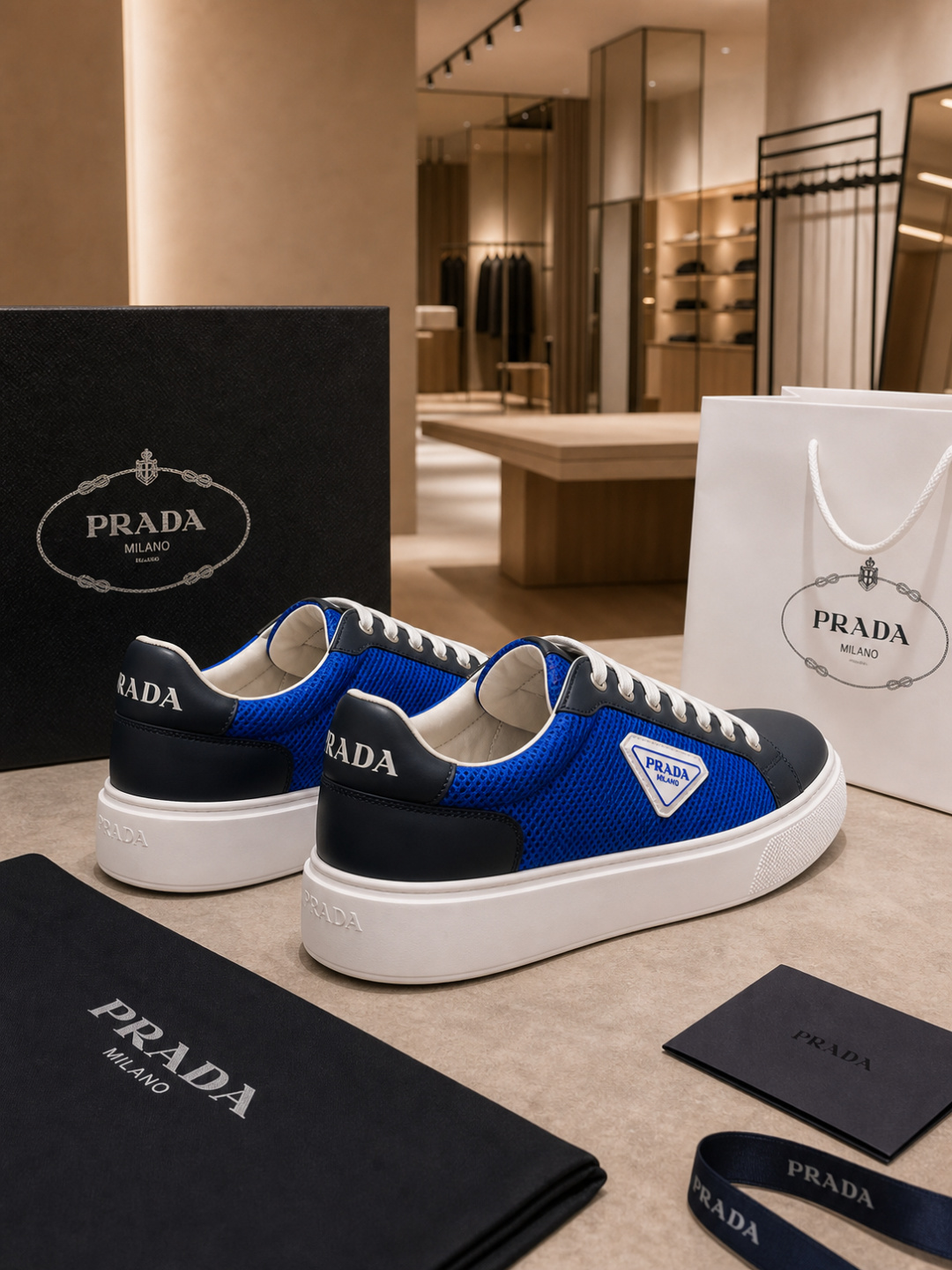 Prada Milano Blue Mesh Leather Low-To Sneakers