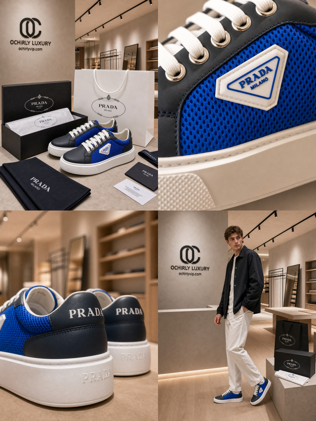 Prada Milano Blue Mesh Leather Low-To Sneakers