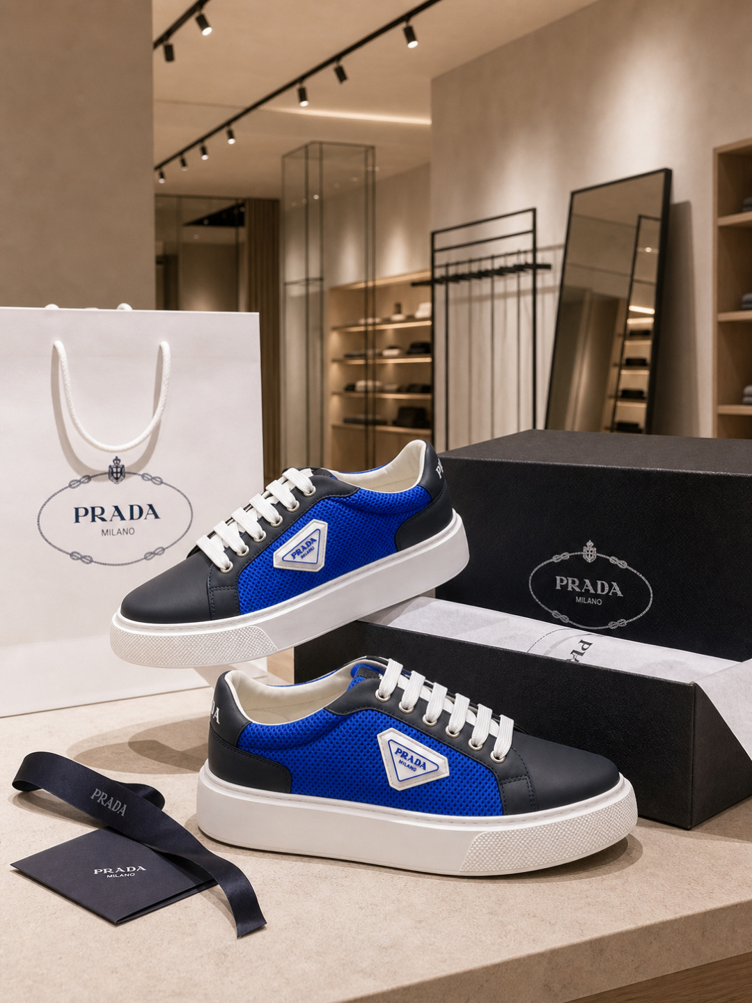 Prada Milano Blue Mesh Leather Low-To Sneakers