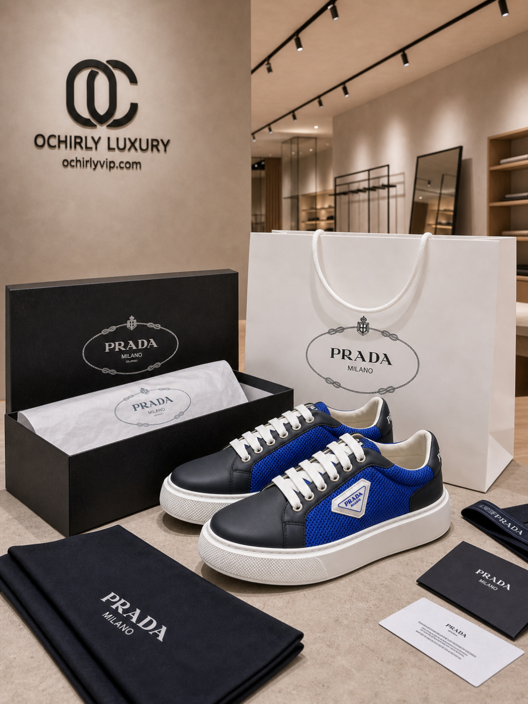 Prada Milano Blue Mesh Leather Low-To Sneakers