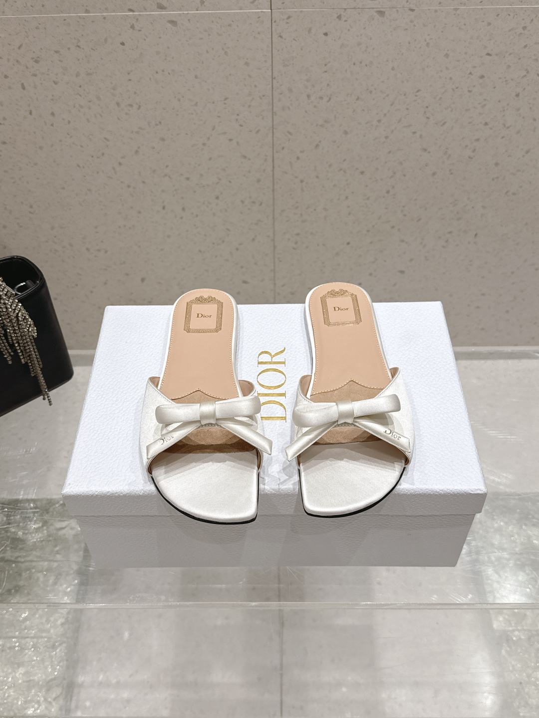Dior Satin Bow Flat Slide Sandals
