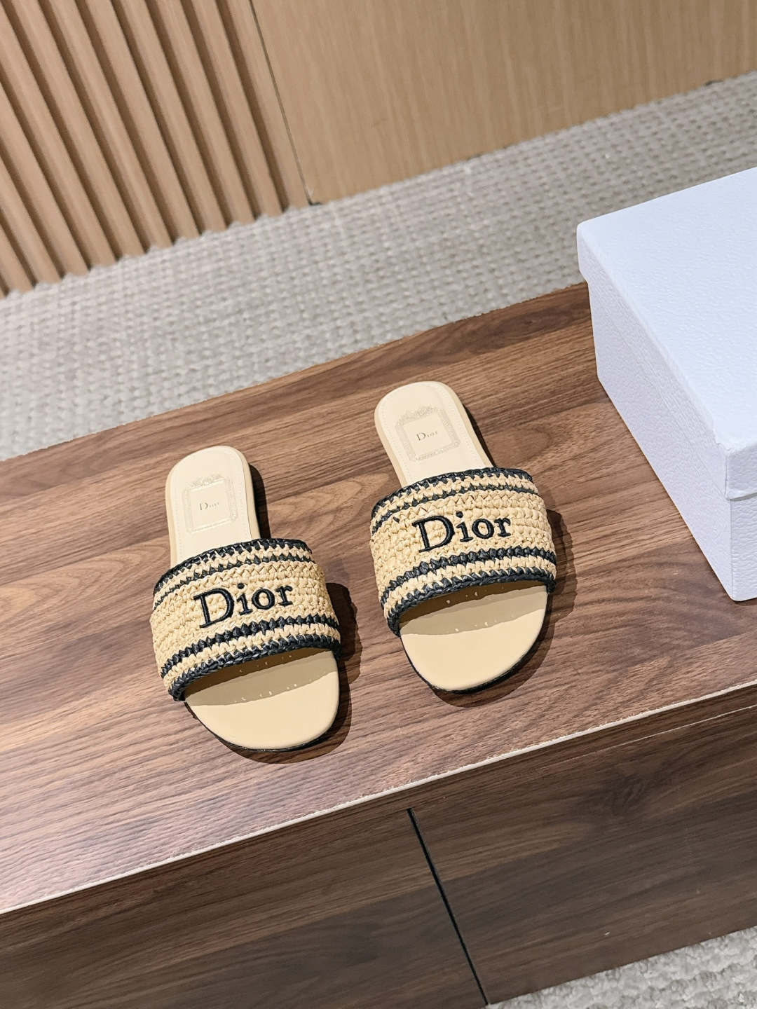 Dior Striped Woven Logo Flat Slide Sandals