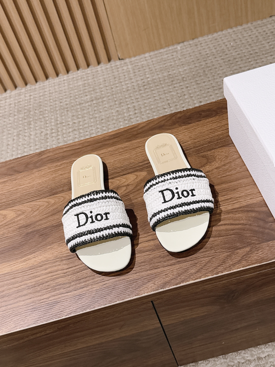 Dior Striped Woven Logo Flat Slide Sandals