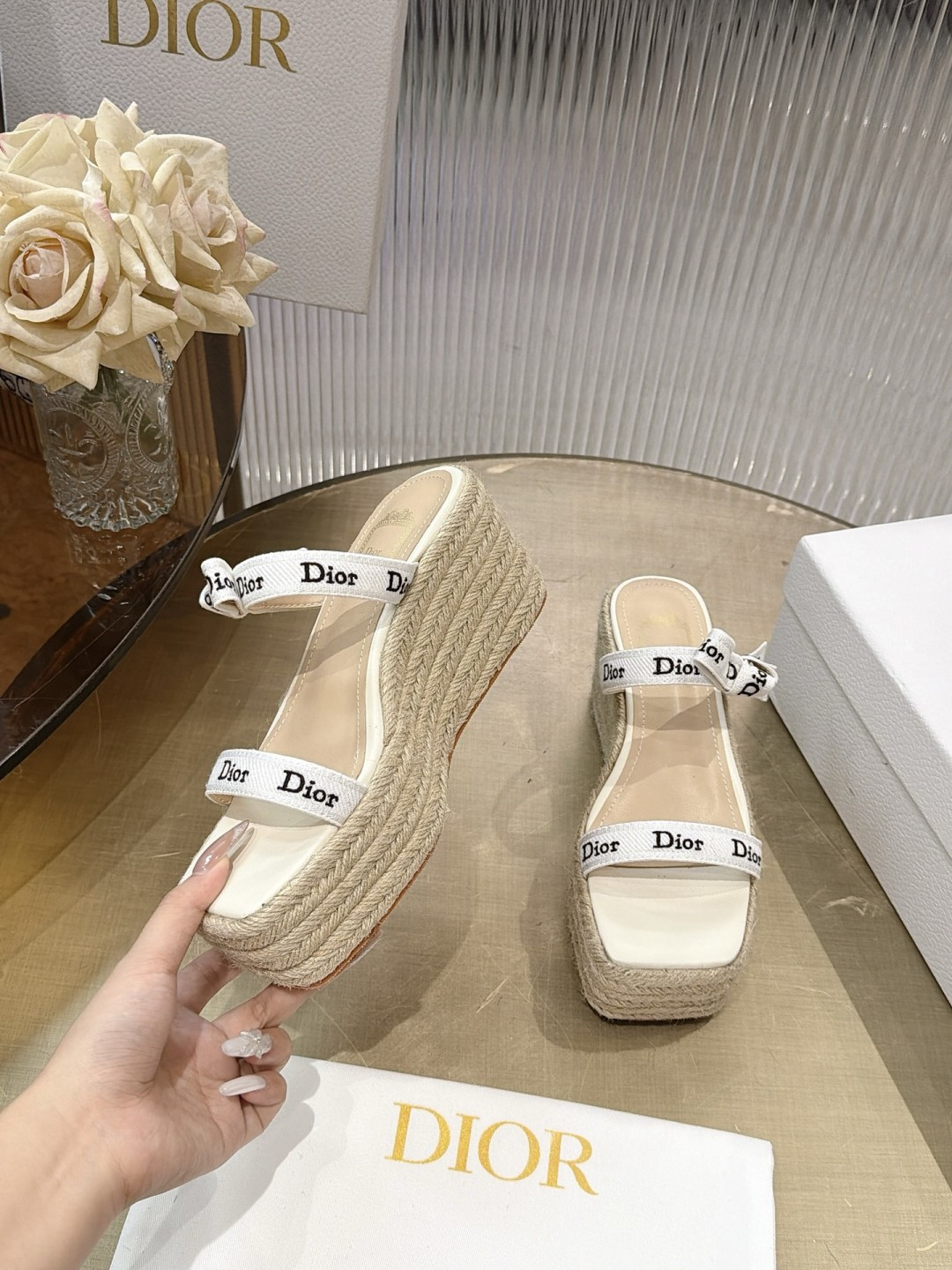 Dior Ribbon Bow Wedge Espadrille Sandals