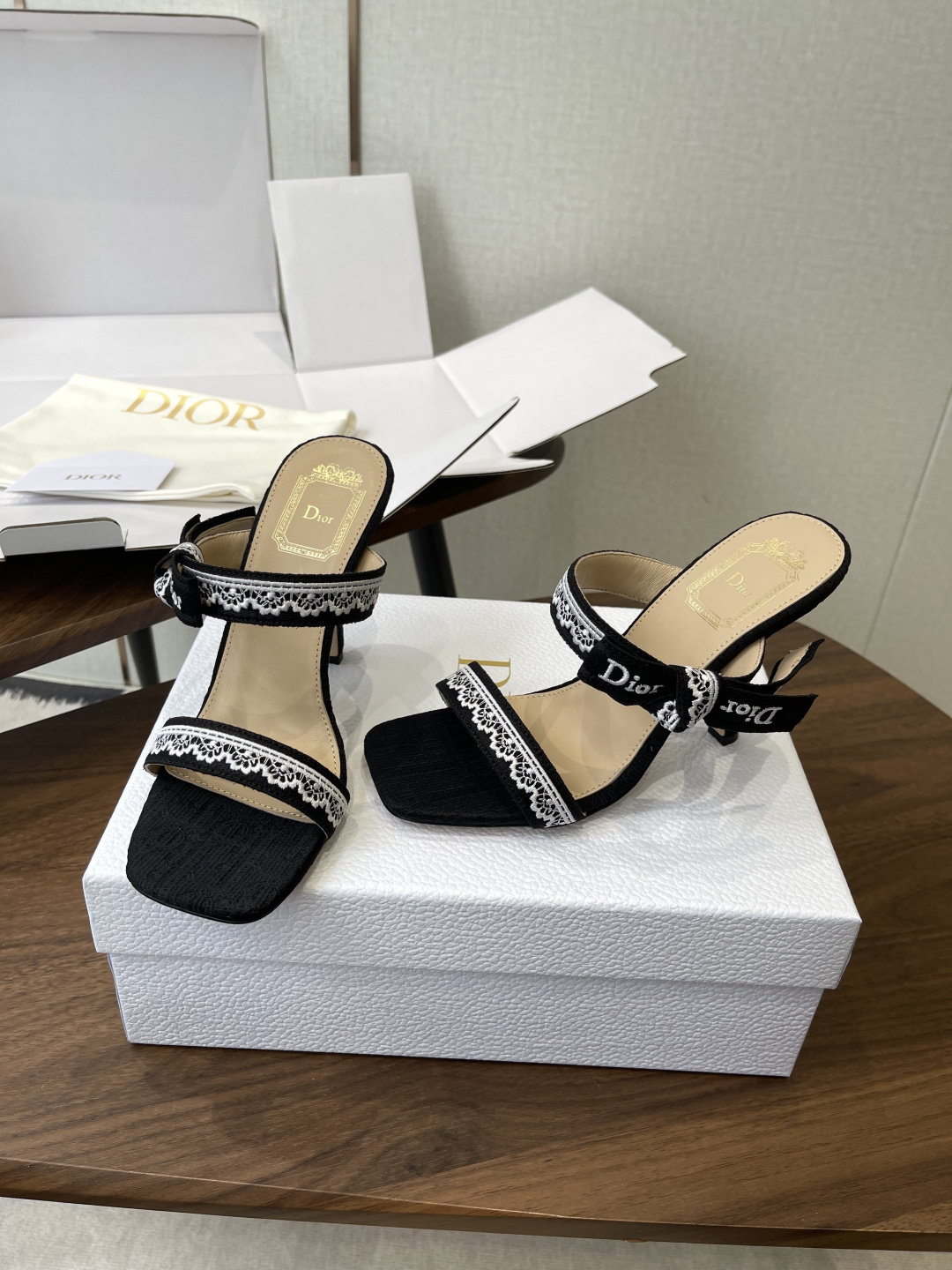 Dior Lace Logo Ribbon Stiletto Mules
