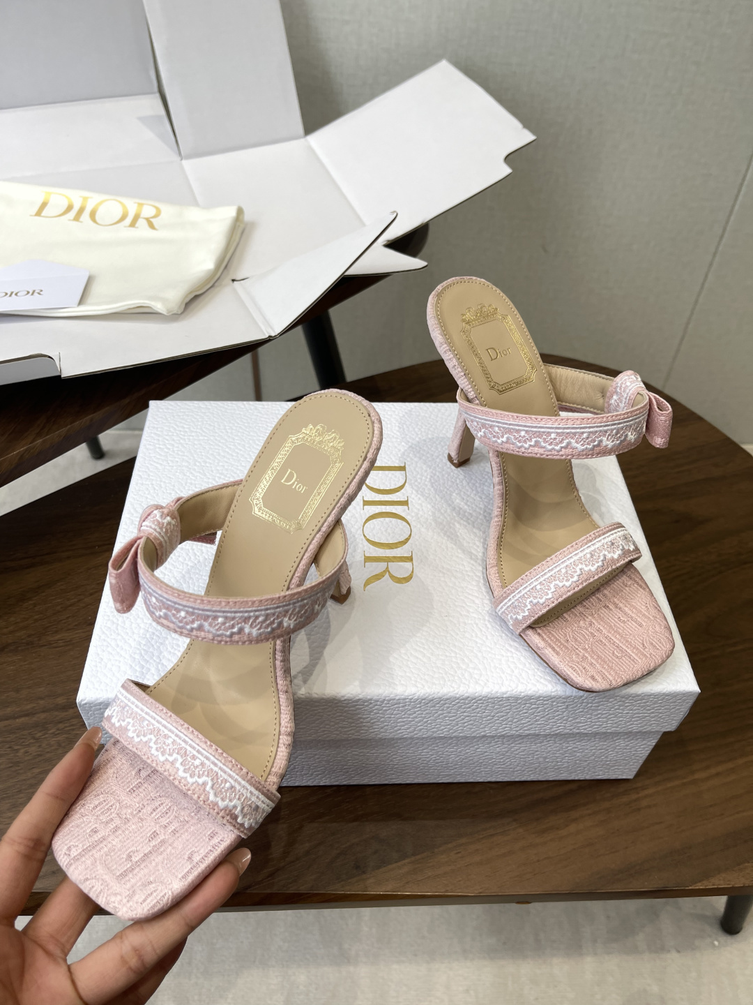 Dior Lace Logo Ribbon Stiletto Mules